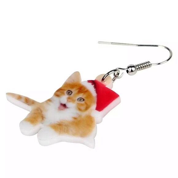 Tabby Cat Christmas Earrings Santa Holiday Orange - Picture 2 of 5